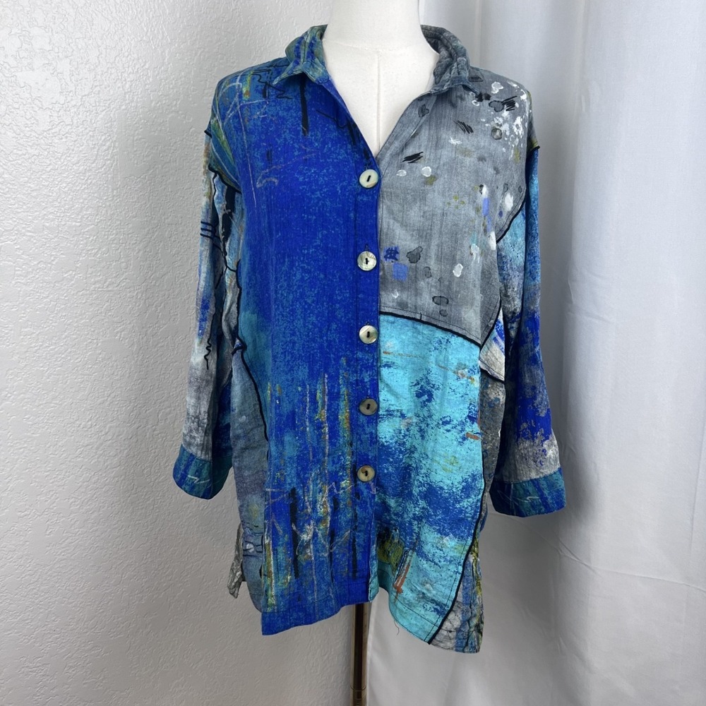 John Mark Top Womens Small Oversized Blue Abstract Button Up Boho Hippie Casual